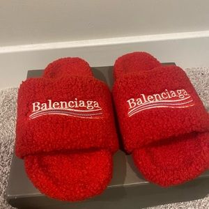 Red balenciaga furry slides gently used